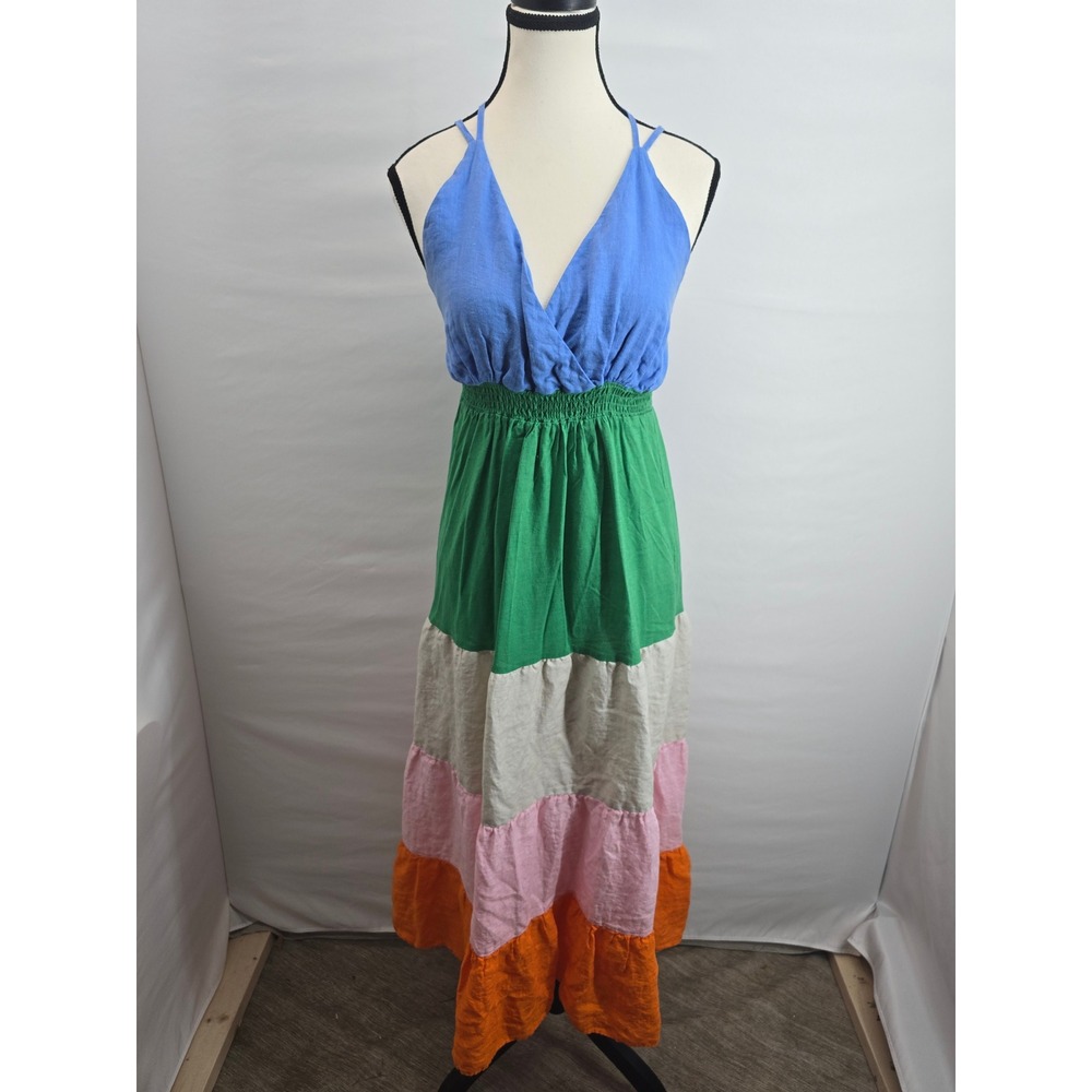 Vilagallo Colorblock Linen Blend Tiered Maxi Dress Womens Size 6 Blue Green Pink